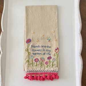 Natural Life ‘Friends’ Embroidered Floral Tea Towel with Pom Poms